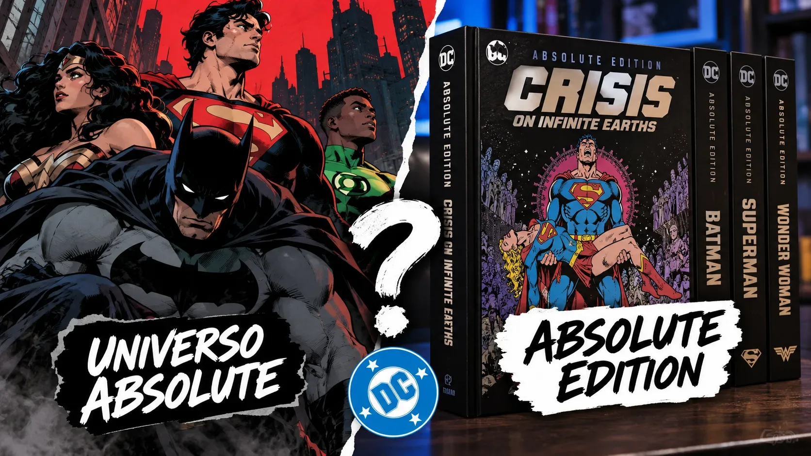 Arte dividida entre Batman, Superman e Mulher-Maravilha à esquerda e encadernados de luxo da DC à direita, com um ponto de interrogação ao centro.