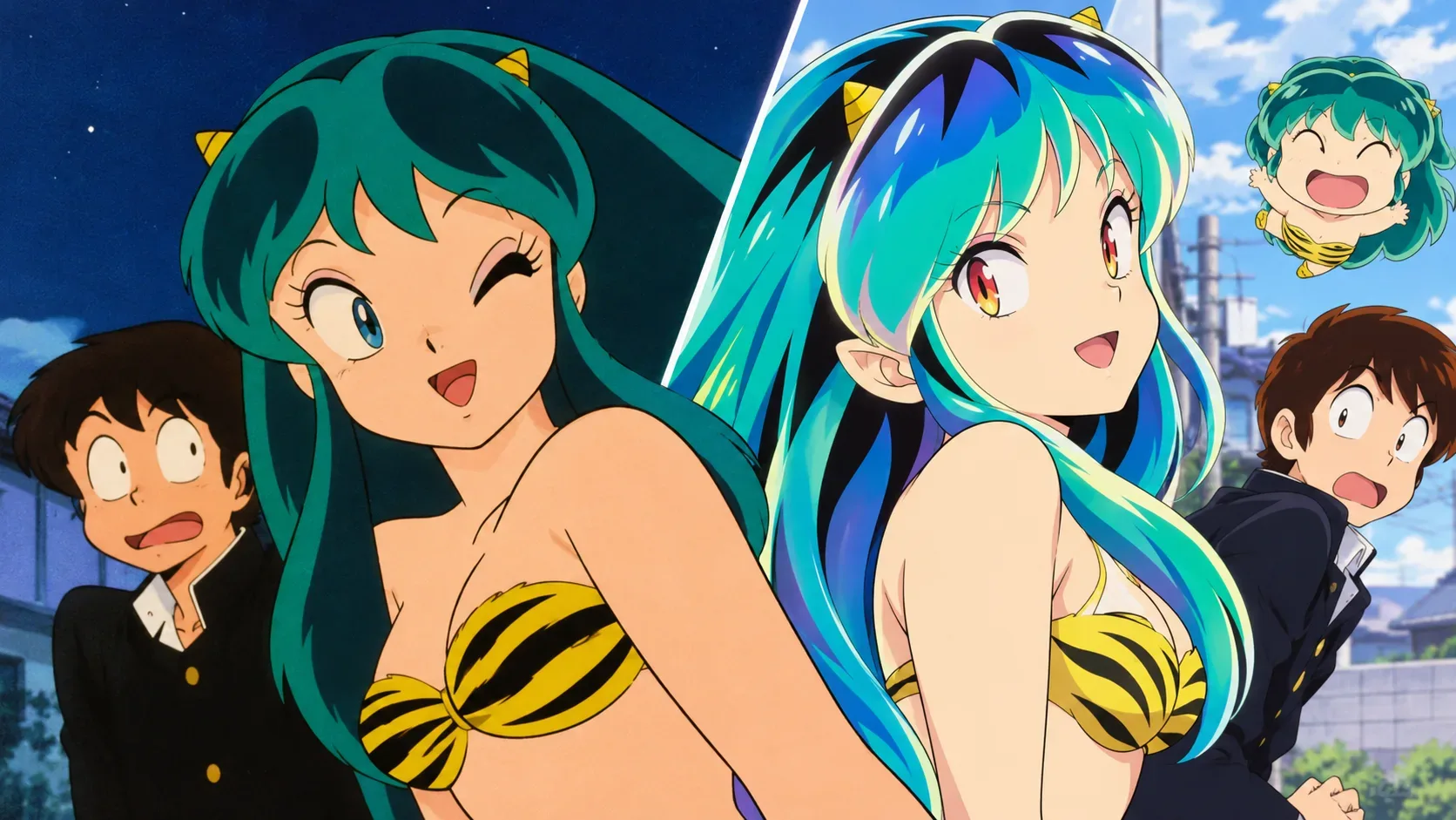 Ilustração horizontal dividida entre estilos de anime clássico e moderno, com Lum e Ataru nos dois lados e uma pequena Lum flutuando ao fundo.