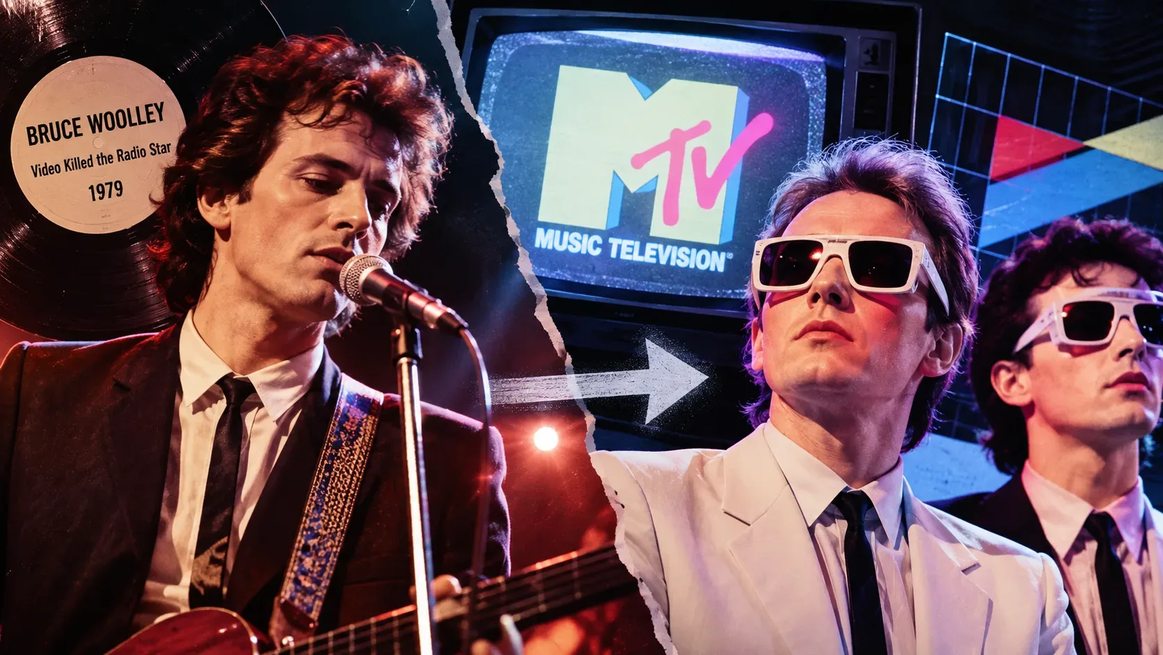 Colagem musical retrô com disco de vinil, cantor ao microfone, dois músicos de óculos escuros e uma televisão exibindo a marca MTV.