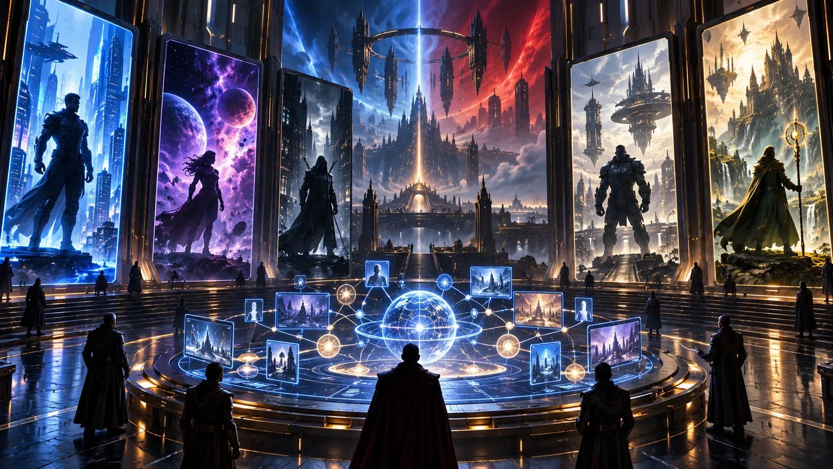 Galeria futurista com painéis de silhuetas heroicas originais ao redor de uma mesa holográfica circular, com conexões luminosas e horizonte azul e vermelho.