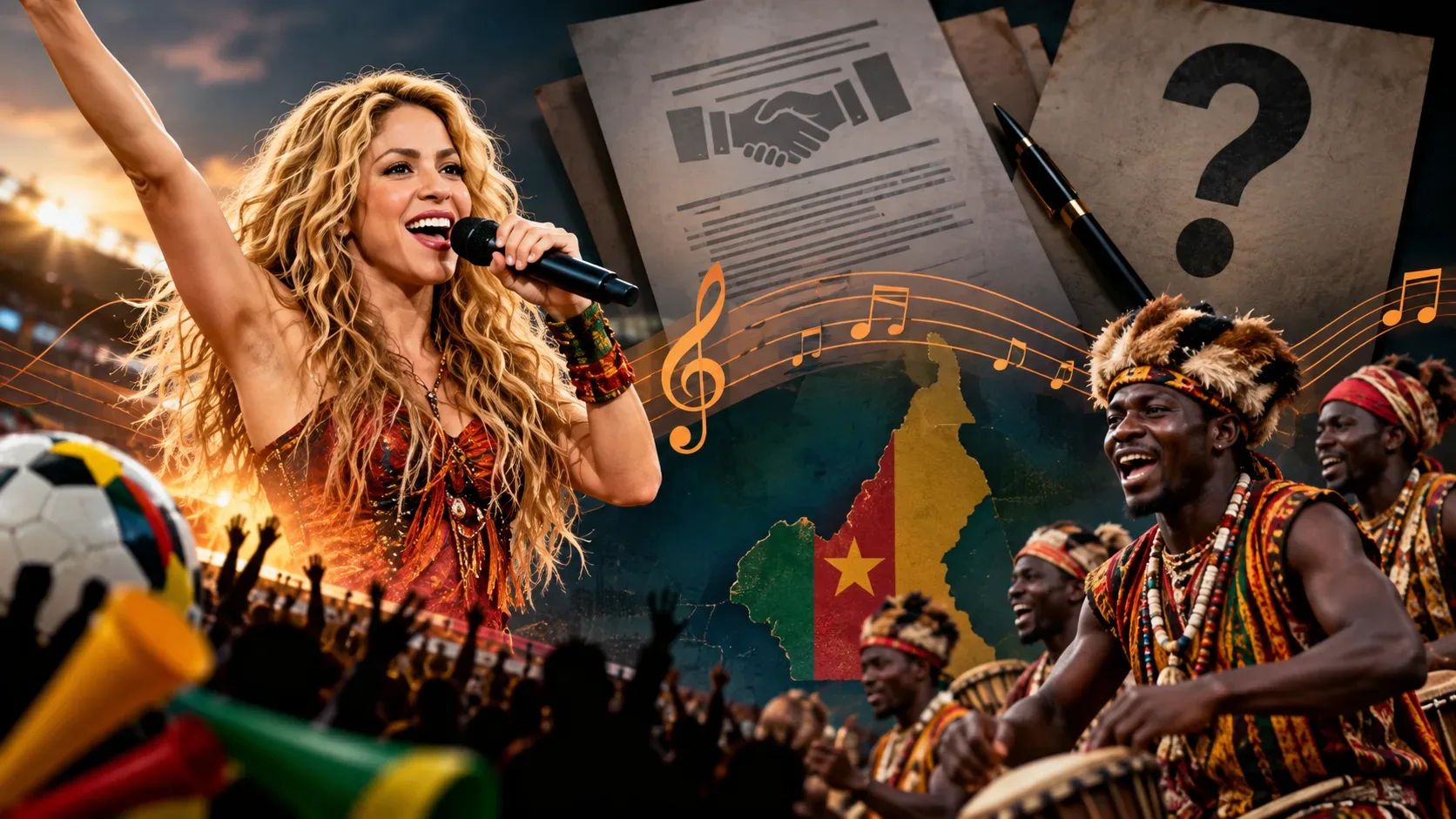 Montagem ilustrativa com cantora em estádio de futebol, músicos com tambores, mapa de Camarões e documentos que simbolizam uma negociação de direitos.