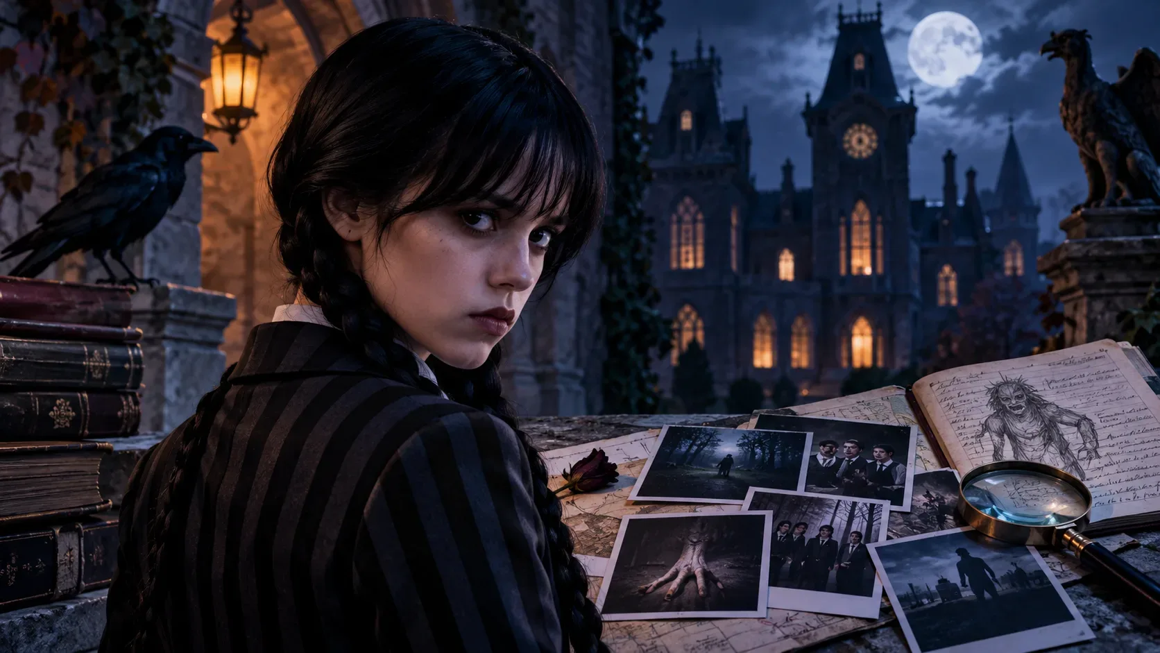 Jovem de tranças escuras diante de uma escola gótica à noite, com corvo, lua cheia, fotografias, livro antigo e lupa sobre uma mesa de investigação.