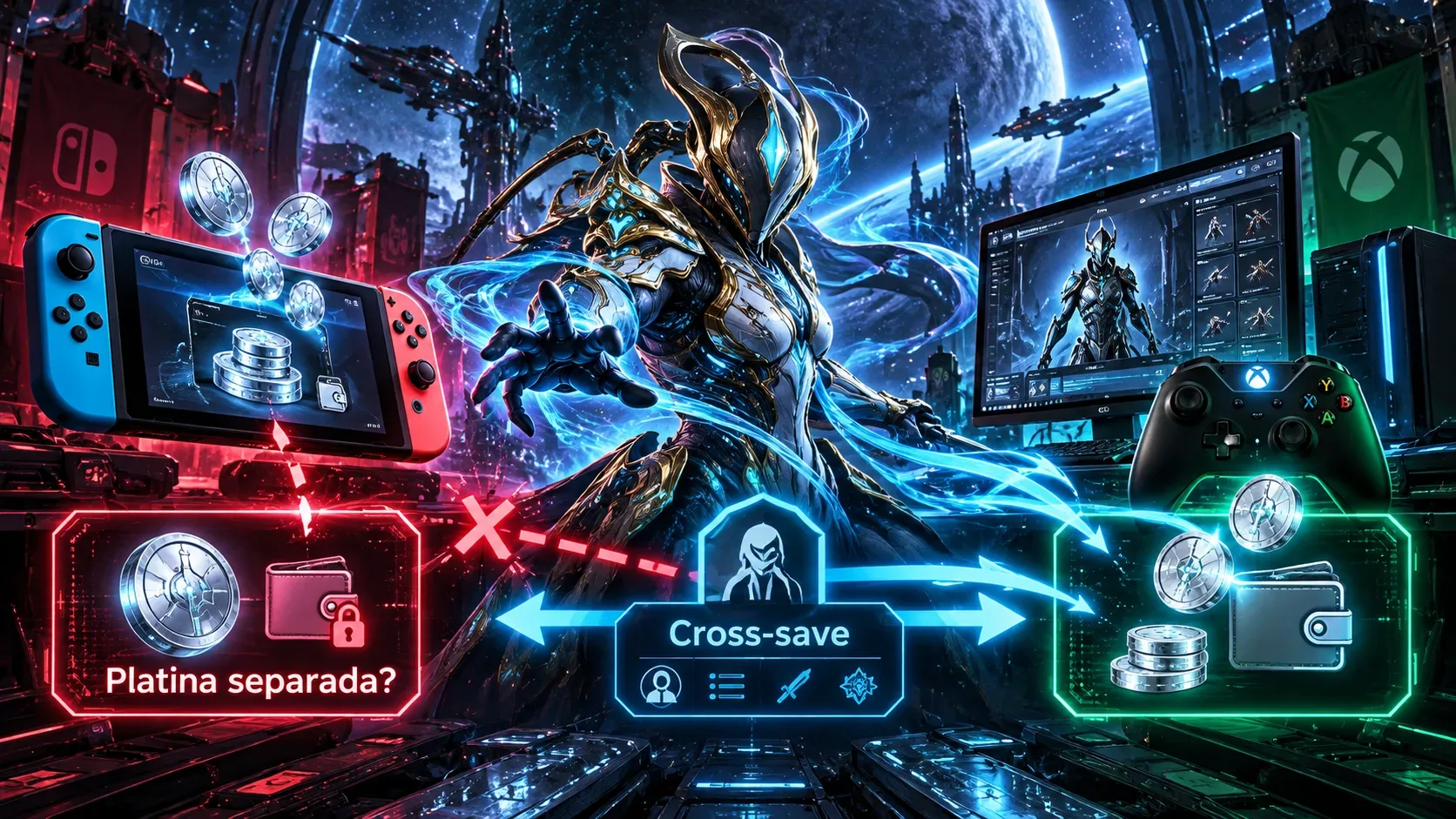 Arte futurista com combatente de armadura ao centro, Switch à esquerda, PC e controle Xbox à direita e painéis luminosos mostrando cross-save e carteiras de Platina separadas.