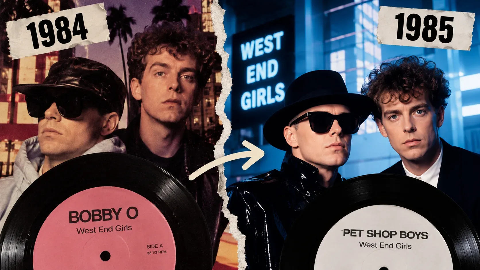 Colagem retrô dividida entre 1984 e 1985, com retratos estilizados dos Pet Shop Boys, dois discos de vinil e uma seta ligando as gravações.