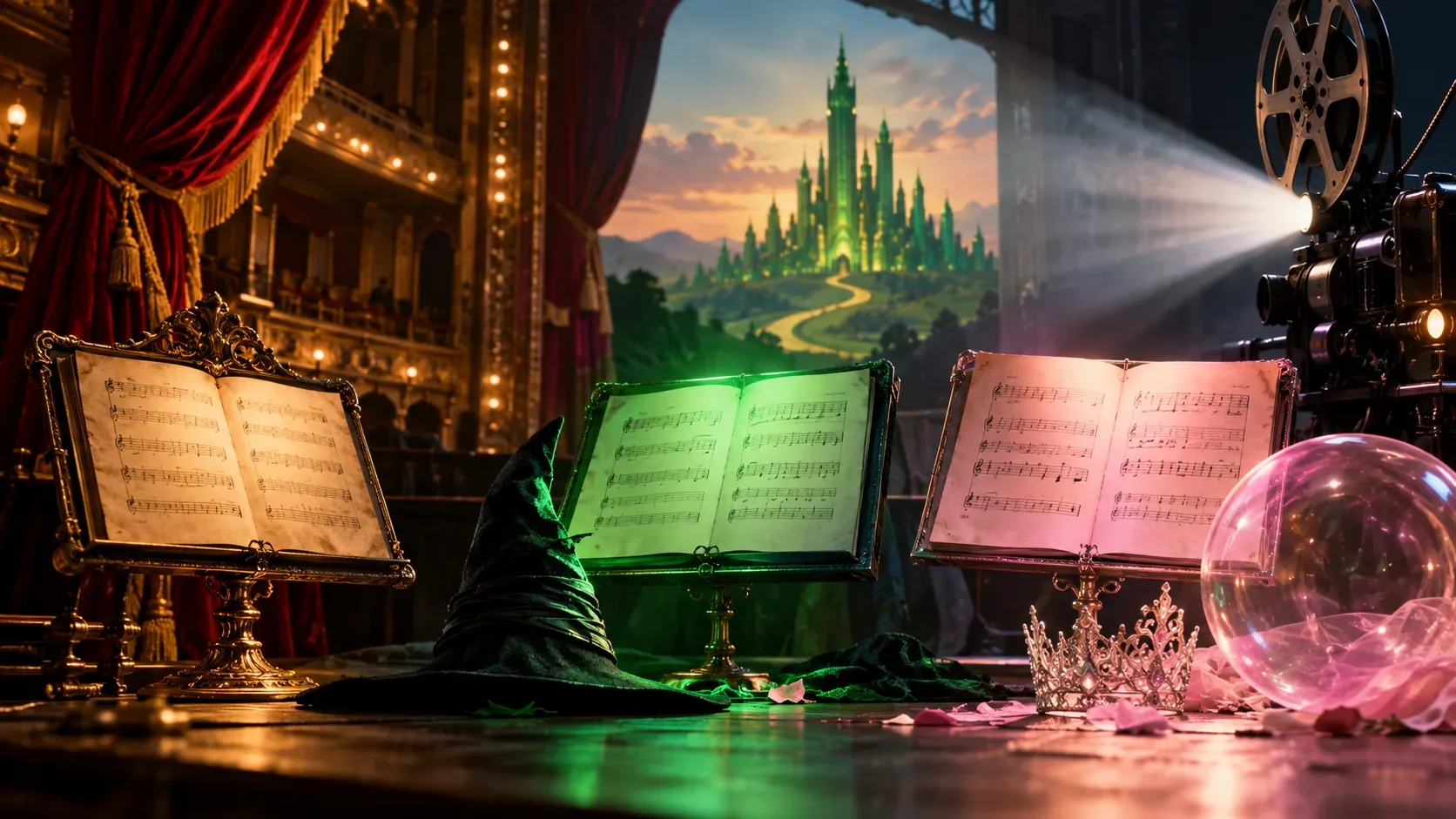 Três partituras diante de um palco teatral e um projetor de cinema, com chapéu verde de bruxa, tiara prateada, esfera rosa e cidade esmeralda ao fundo.