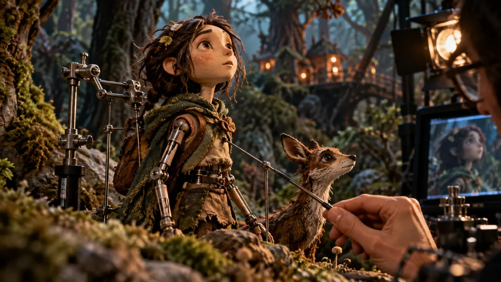 Boneco artesanal de menina com articulações e hastes metálicas expostas em uma floresta em miniatura, ao lado de uma pequena criatura, enquanto a mão de um animador ajusta o cenário.