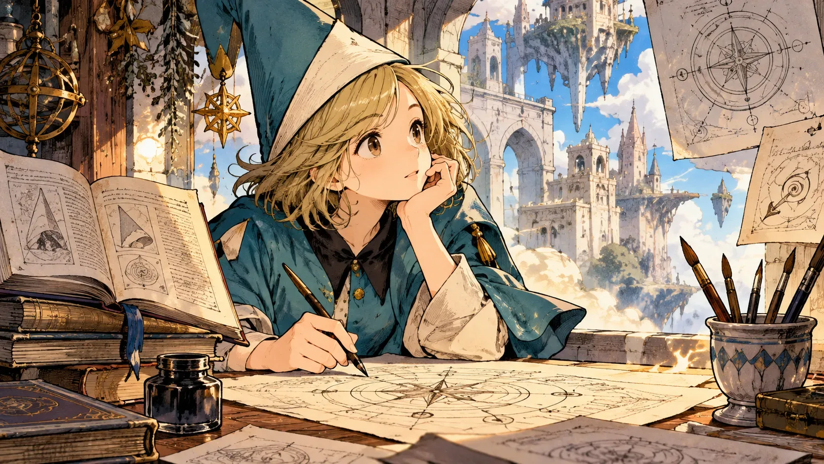 Ilustração de uma jovem aprendiz de chapéu pontudo azul desenhando um círculo mágico em pergaminho, com livros, tinteiro e pincéis em um ateliê diante de torres fantásticas.
