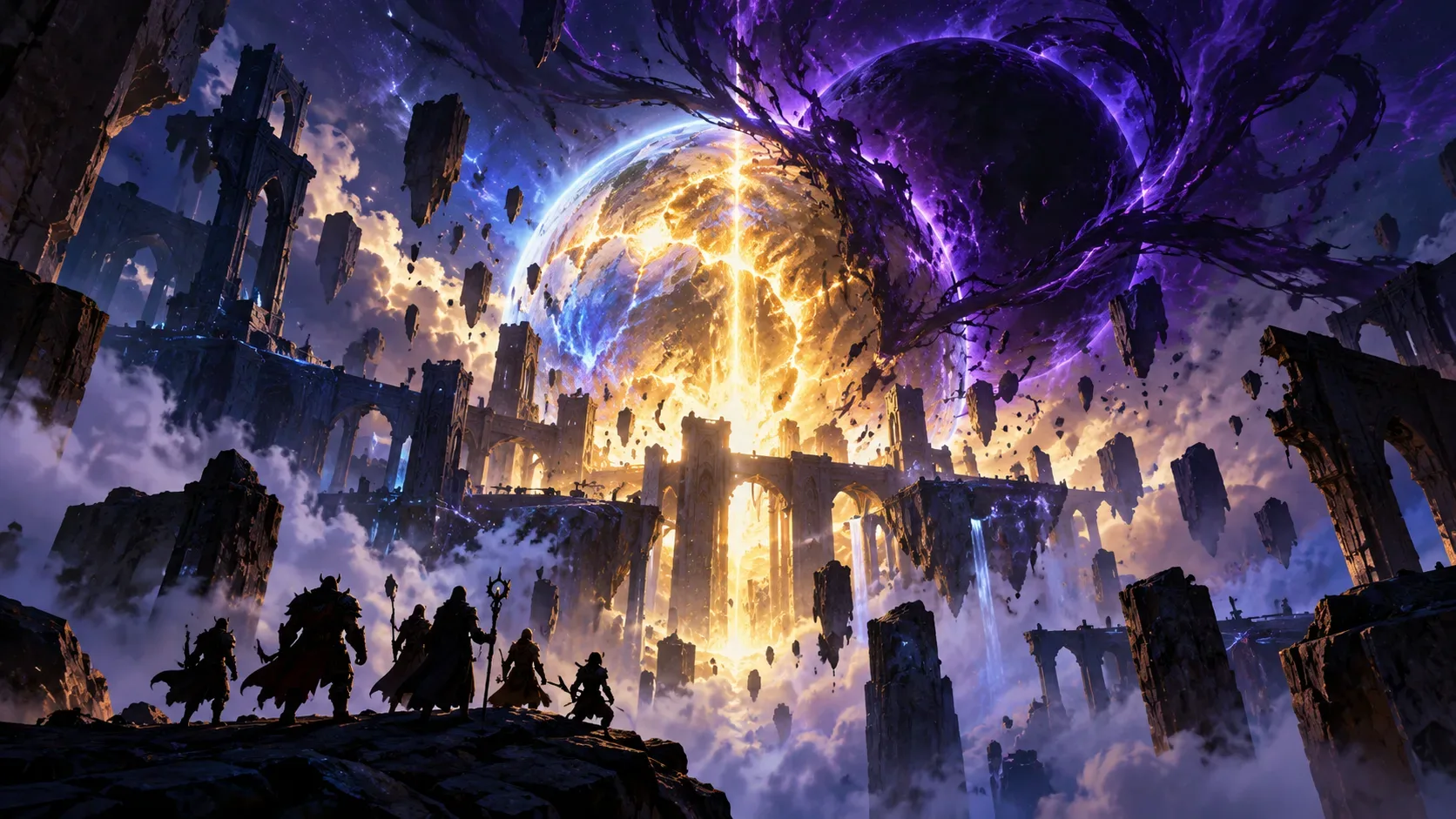 Cinco aventureiros em silhueta observam ruínas suspensas e um astro dourado envolvido por energia violeta numa paisagem fantástica.