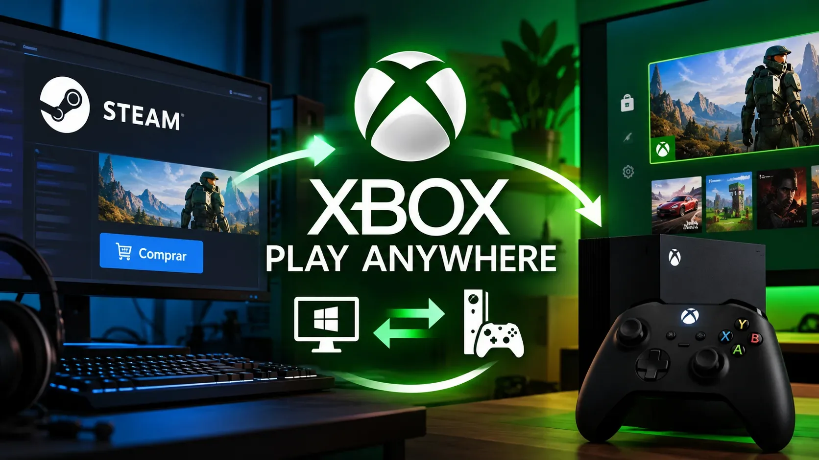 Arte digital com Steam exibida em um monitor à esquerda e console e controle Xbox à direita, com setas luminosas verdes, símbolo Xbox e o texto Xbox Play Anywhere.