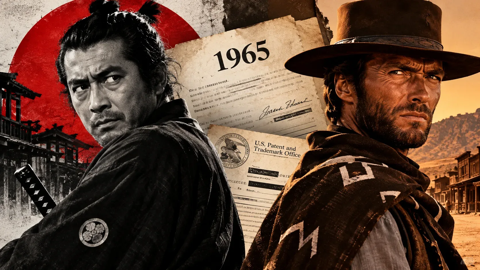Colagem cinematográfica horizontal com um samurai à esquerda diante de um círculo vermelho, um pistoleiro de chapéu à direita e documentos estilizados ao centro com a data 1965.