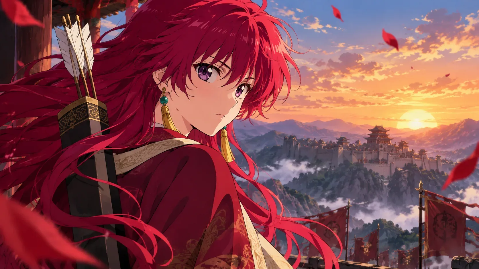 Yona, de cabelos vermelhos e aljava de flechas, observa um castelo entre montanhas ao pôr do sol em uma ilustração de estilo anime.