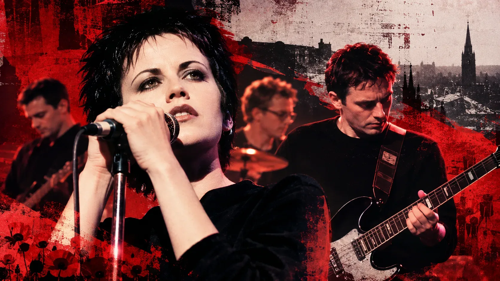Arte editorial vermelha e preta com cantora ao microfone em primeiro plano, guitarrista e outros músicos ao fundo, entre texturas desgastadas.